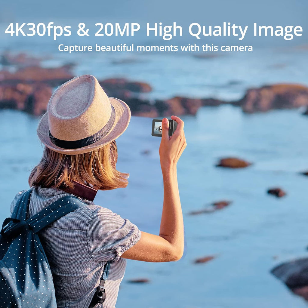 4K30FPS 20MP WiFi Action Camera with Touch Screen IPX8 33FT Waterproof EIS 2.0 Zoom External Mic Voice Control 2X 1350mAh Batteries O77662