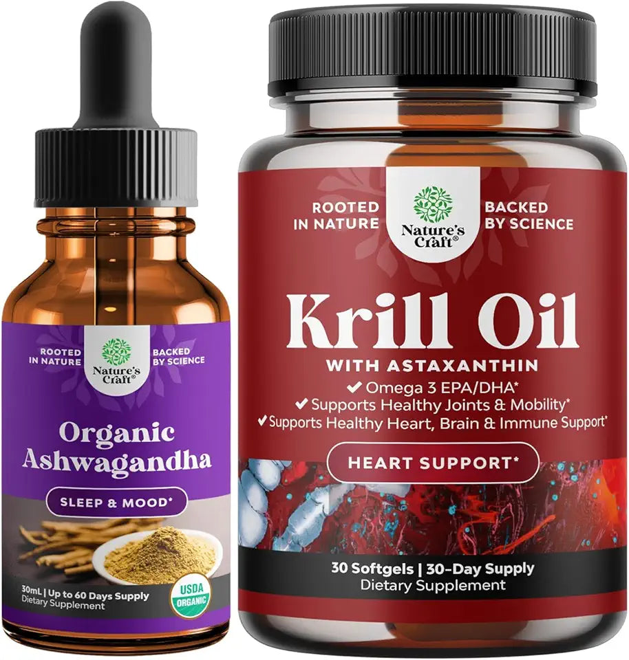 Organic Ashwagandha Liquid Drops and Antarctic Krill Oil 500mg Softgels Q9433