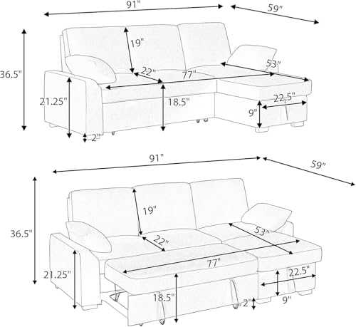 86 Inch Chenille L Shaped Sleeper Sectional Sofa with Storage Chaise A906