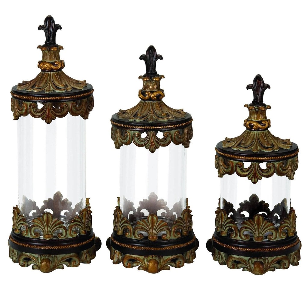 Antiqued Gold 3-Piece Glass Cylinder Canister Set Y647