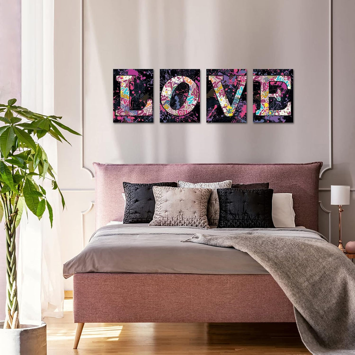 4 Piece Colorful Graffiti Canvas Wall Art Framed K9054