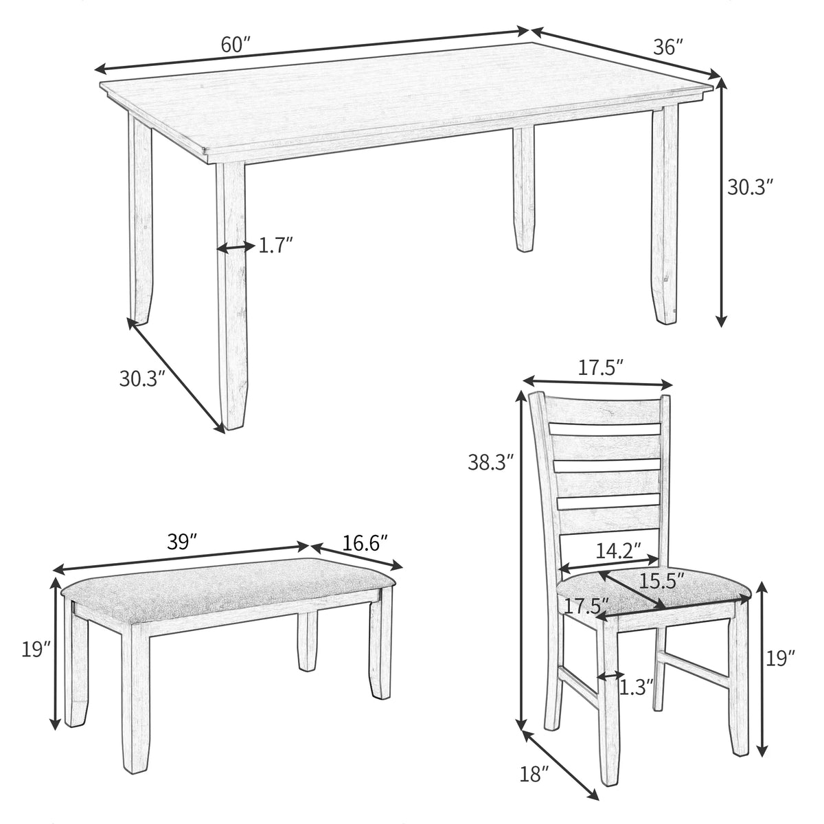 Gray Wood Dining Table and Chairs with Bench Q15730