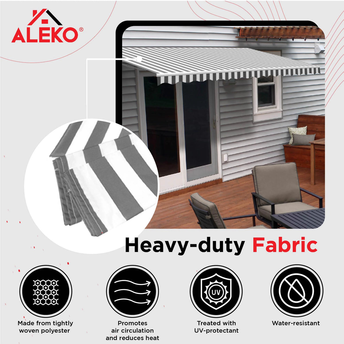 Gray White Striped Motorized Retractable Patio Awning M132592