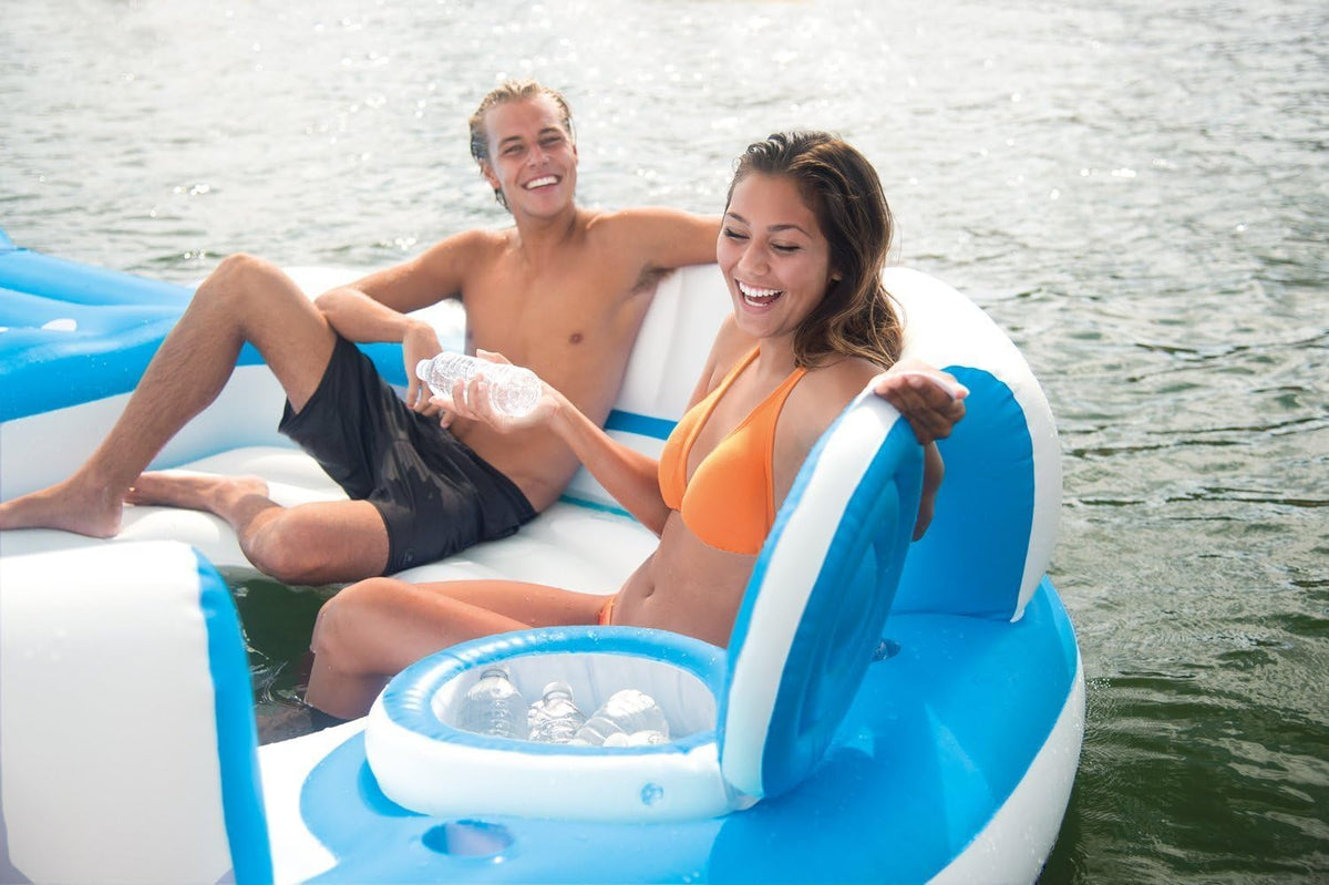 Blue 4 Person Vinyl Pool Raft Lounger with Cup Holders Q376966