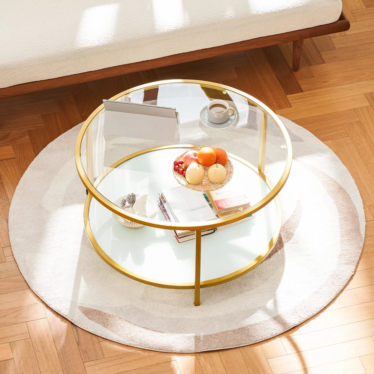 Glass Coffee Table with Storage Shelf Metal Frame Gold P4072