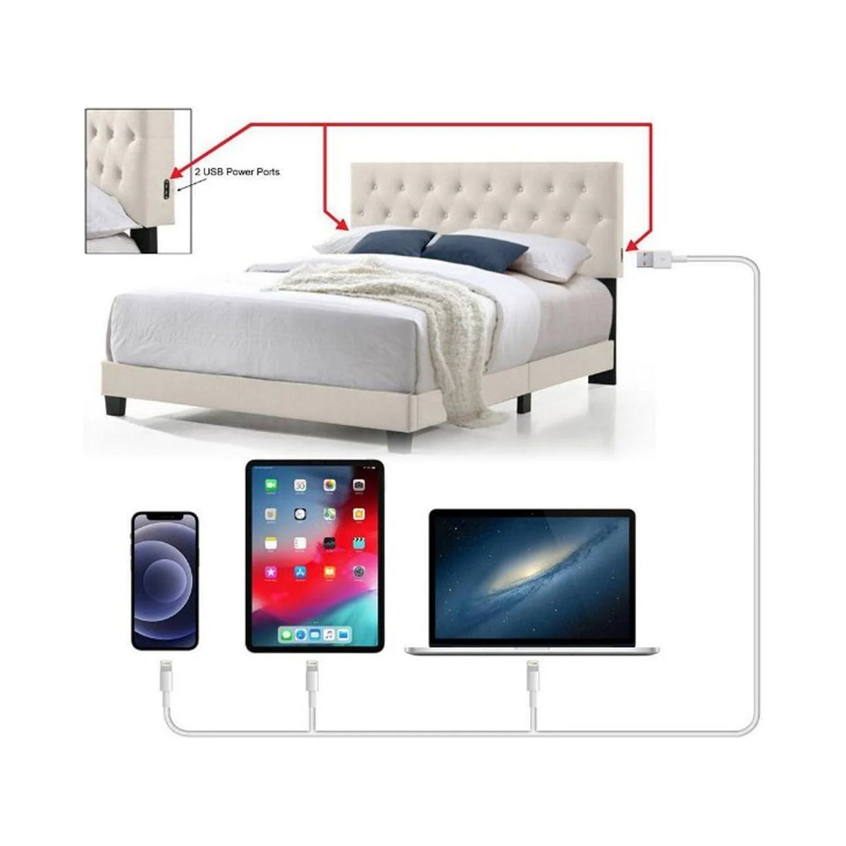 Beige Twin Size Linen Bed with USB Power Connection F27426