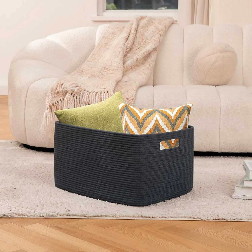 75L Large Woven Cotton Rope Blanket Storage Basket with Handle N80399