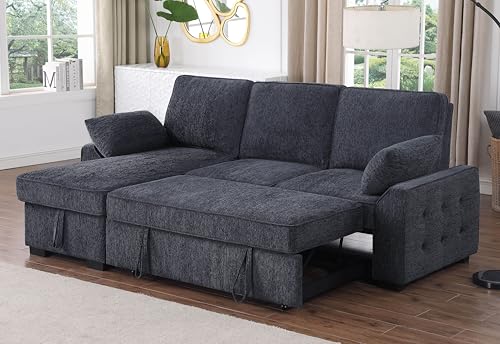 86 Inch Chenille L Shaped Sleeper Sectional Sofa with Storage Chaise A906