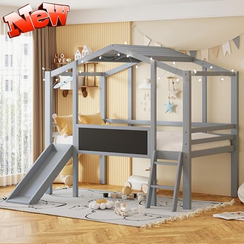 White Twin Low Loft Bed with Slide and Storage Shelves Z2629