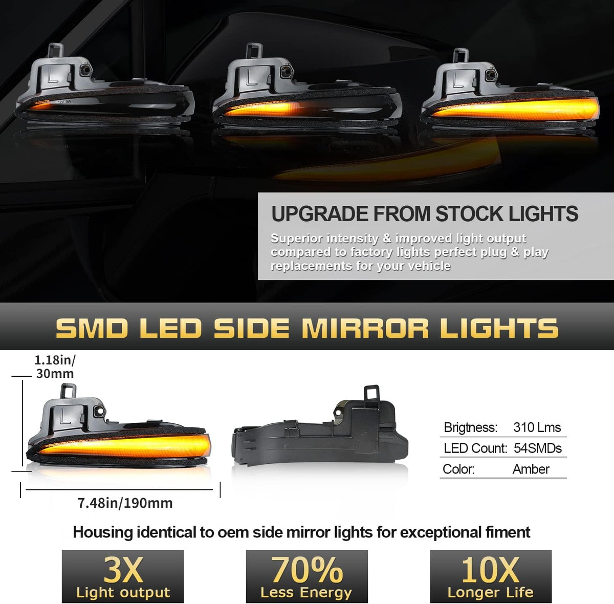 Amber LED Side Mirror Turn Signal Light Indicator Strip Smoked Lens B497