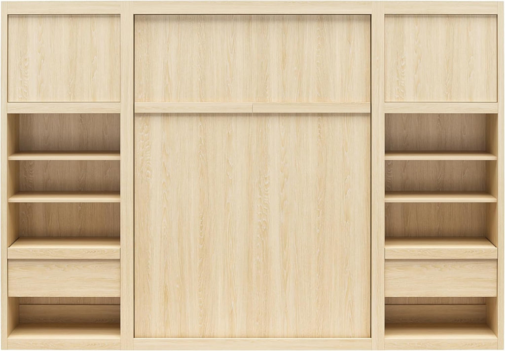 Full Size Murphy Wall Bed with Storage in Light Oak Q109