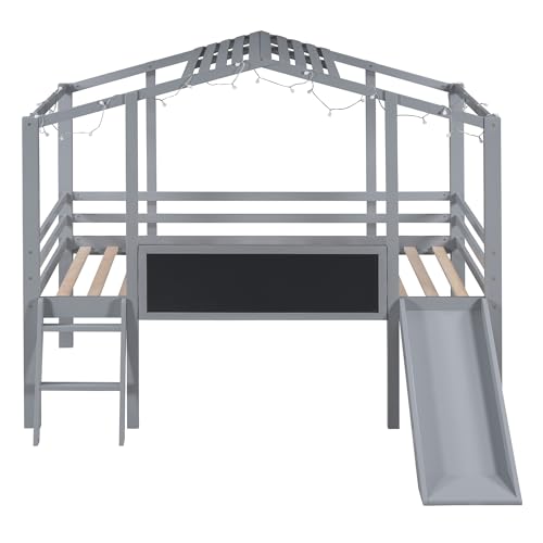 White Twin Low Loft Bed with Slide and Storage Shelves Z2629