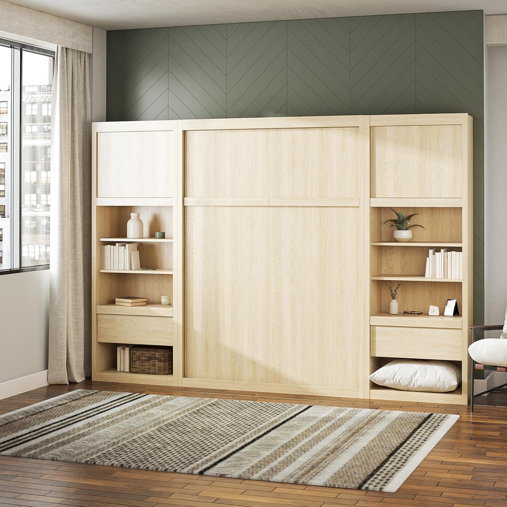 Full Size Murphy Wall Bed with Storage in Light Oak Q109