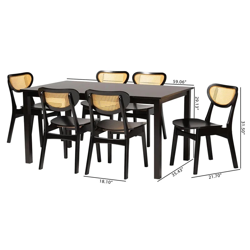 Dark Brown Wood and Woven Rattan 7-Piece Dining Set I155988