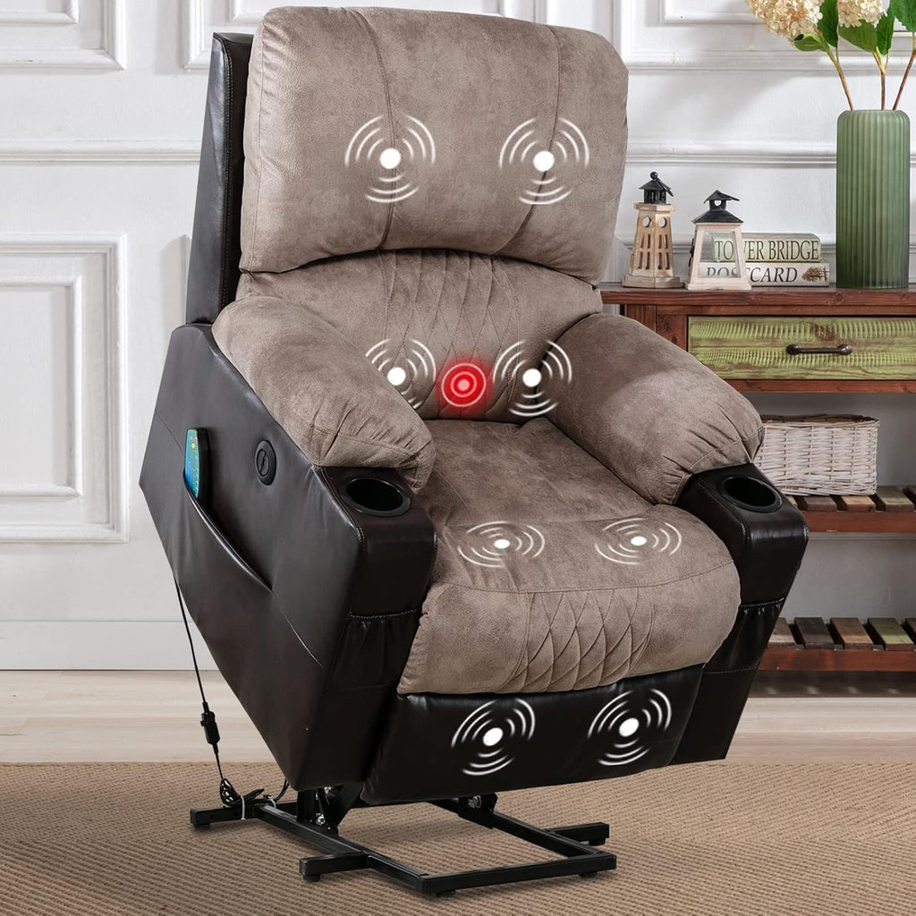 Grey Power Lift Recliner Chair with Heated and Vibration Massage, USB Port, 2 Cup Holders W33002