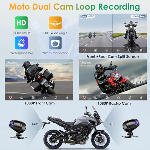 7" Waterproof Motorcycle Carplay Screen with Dual Dash Cam P4909