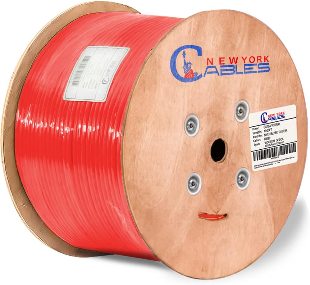 Cat6a Riser Bulk Ethernet Cable 1000ft CMR Rated Spool Solid Bare Copper 23AWG UTP Black Z1088