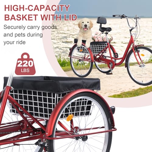 24/26-Inch 3-Wheel Adult Tricycle with 7-Speed Gearing and Basket J684