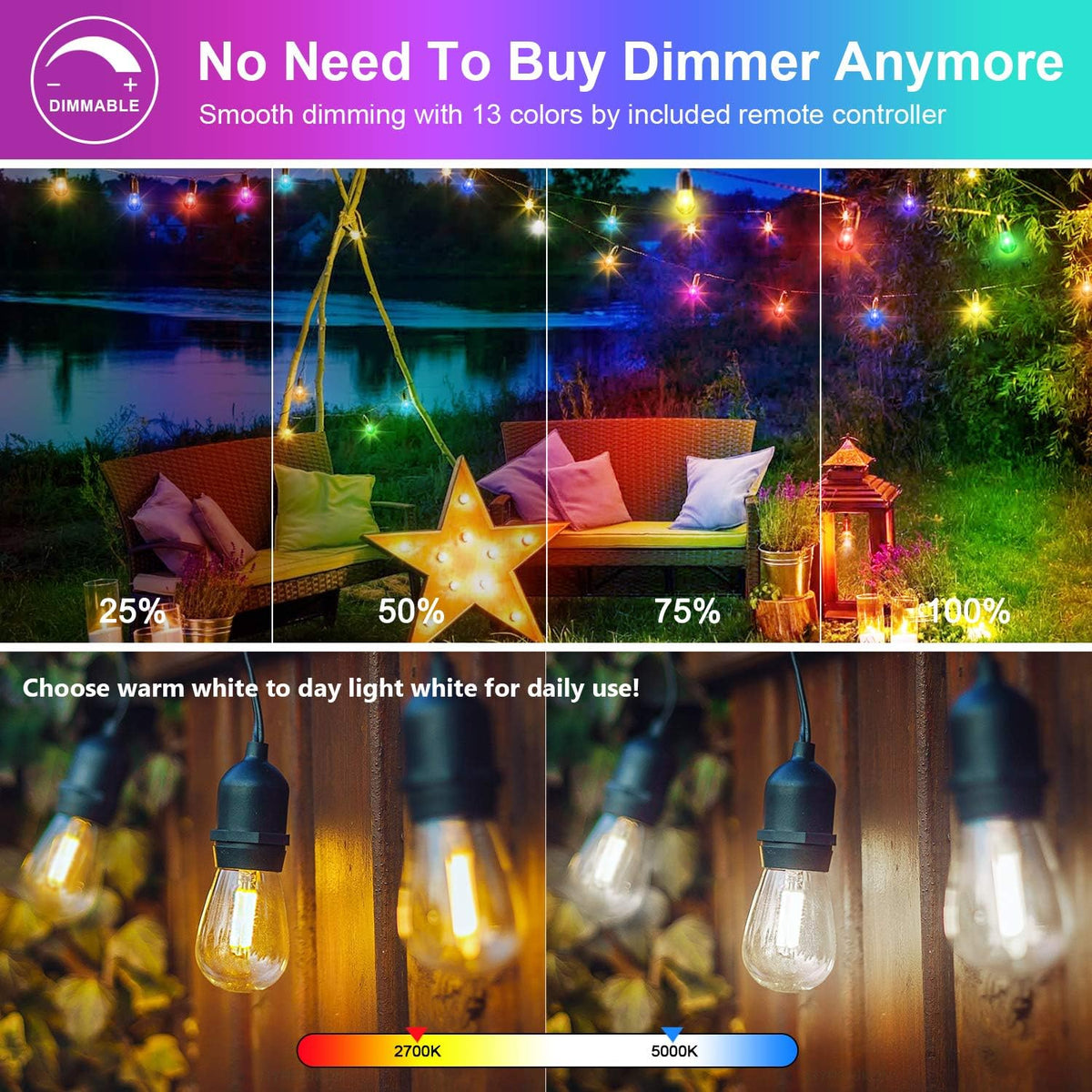 2-Pack RGB Outdoor String Lights with S14 Edison Bulbs 96FT D81043