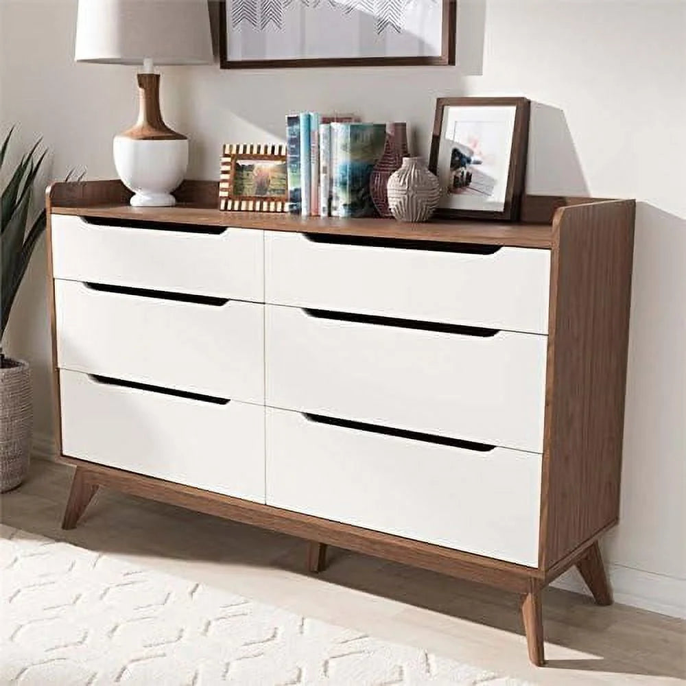 White and Walnut 6 Drawer Wood Dresser A915301