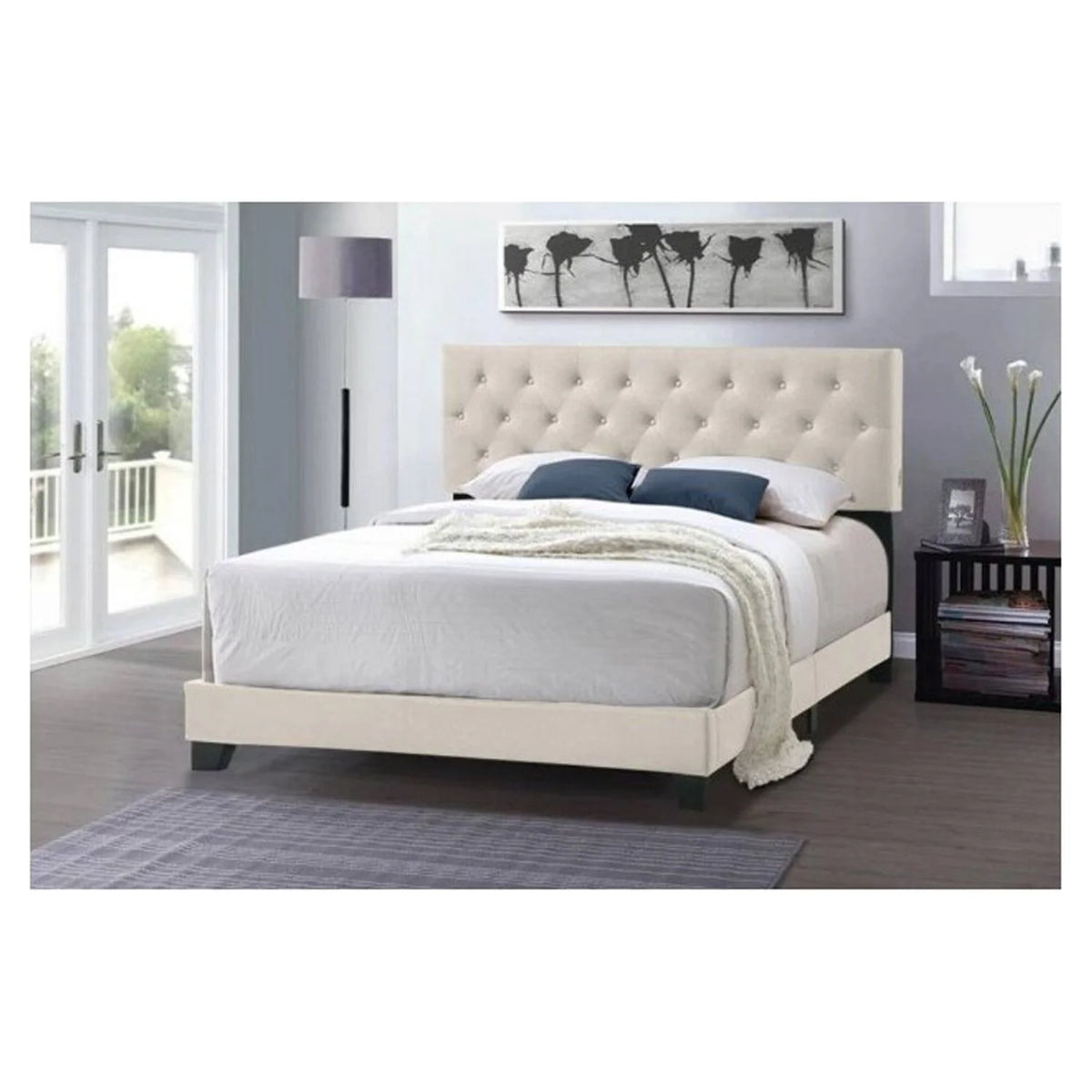 Beige Twin Size Linen Bed with USB Power Connection F27426