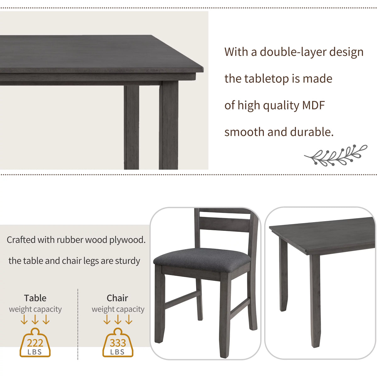 Gray Wood Dining Table and Chairs with Bench Q15730