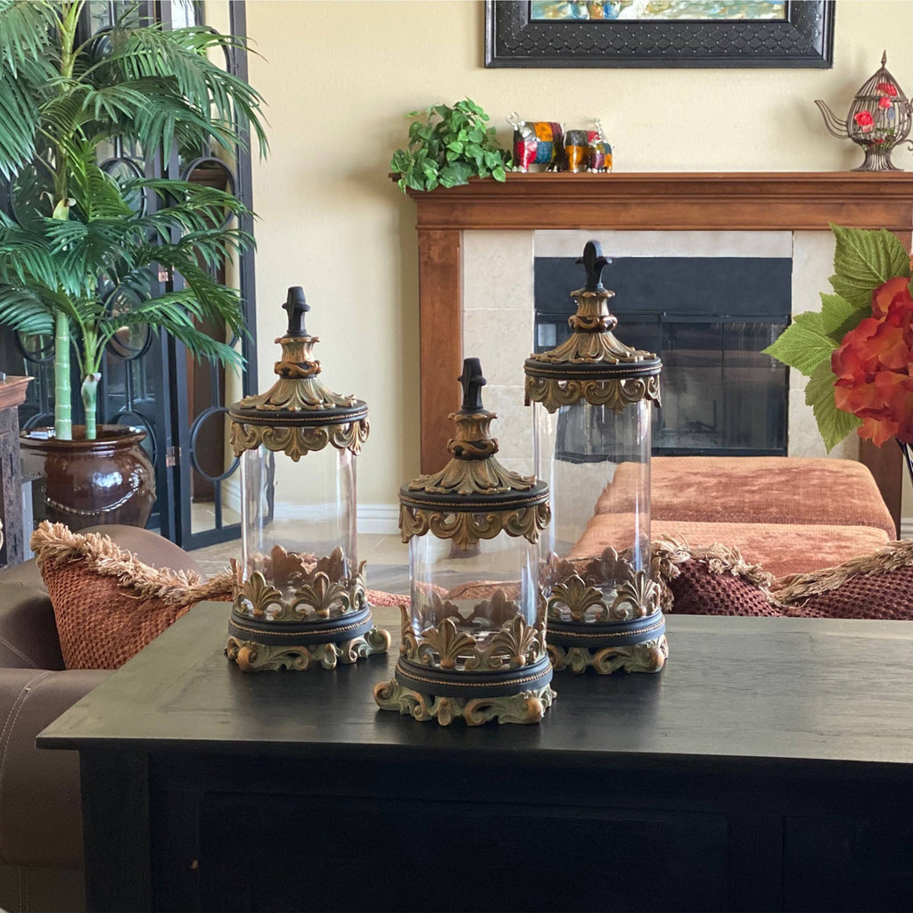 Antiqued Gold 3-Piece Glass Cylinder Canister Set Y647