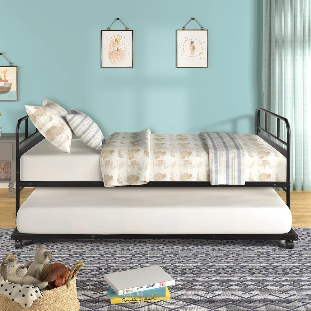 Twin Daybed with Trundle Metal Bed Frame Black S1301