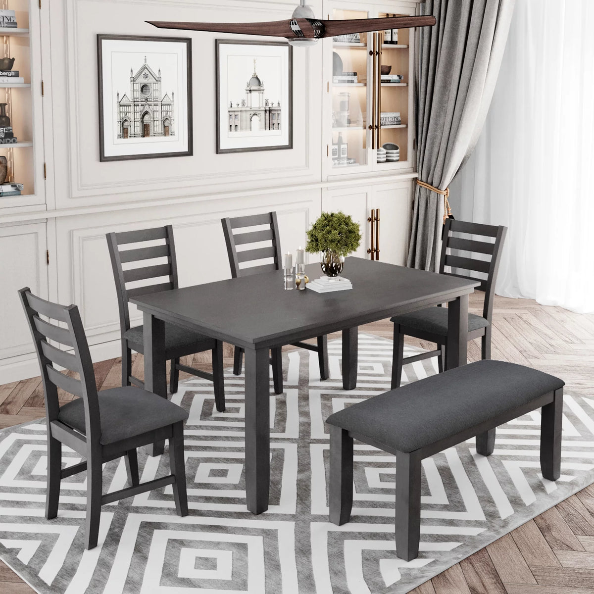 Gray Wood Dining Table and Chairs with Bench Q15730