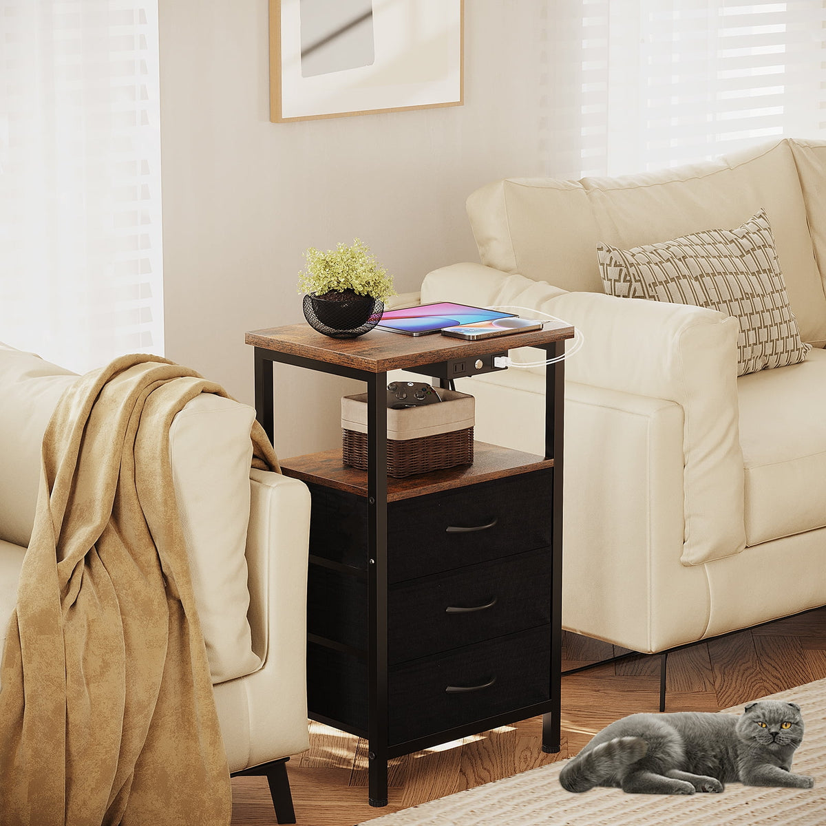 3-Tier Nightstand with Drawers and Charging Station G776