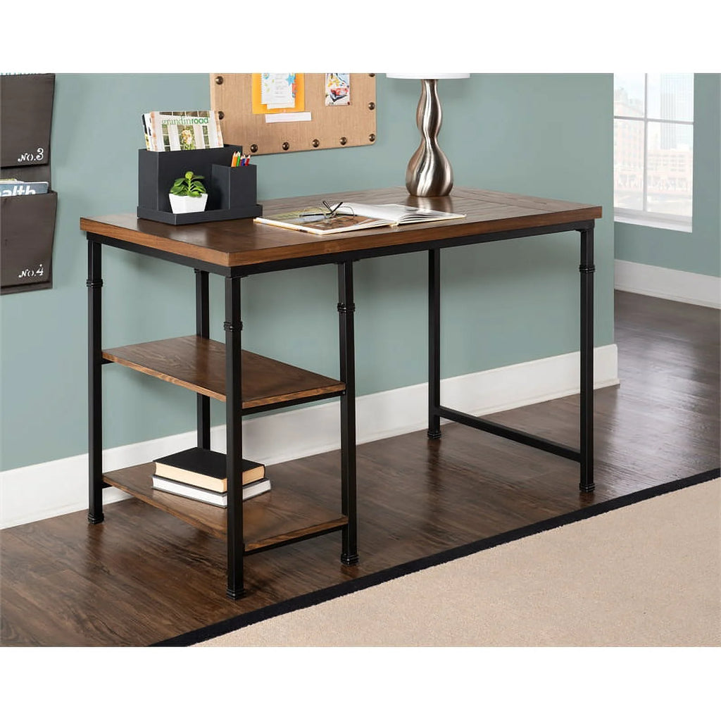 Rustic Desk with 2 Wood Shelves and Metal Frame in Black Y993