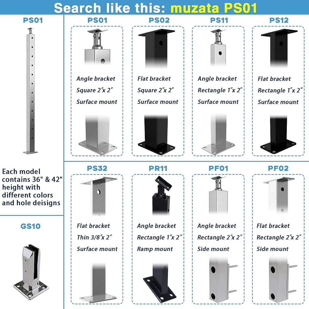 Black 30 Degree Stair Pre-Drilled Angle Holes 36x2x2 Stainless Steel Square Weldless Cable Railing Post I660402