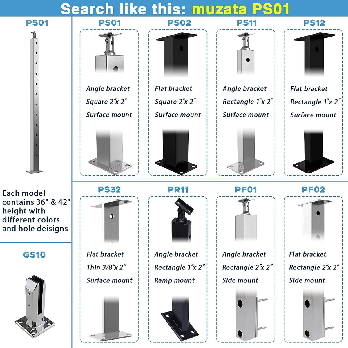 Black 30 Degree Stair Pre-Drilled Angle Holes 36x2x2 Stainless Steel Square Weldless Cable Railing Post I660402