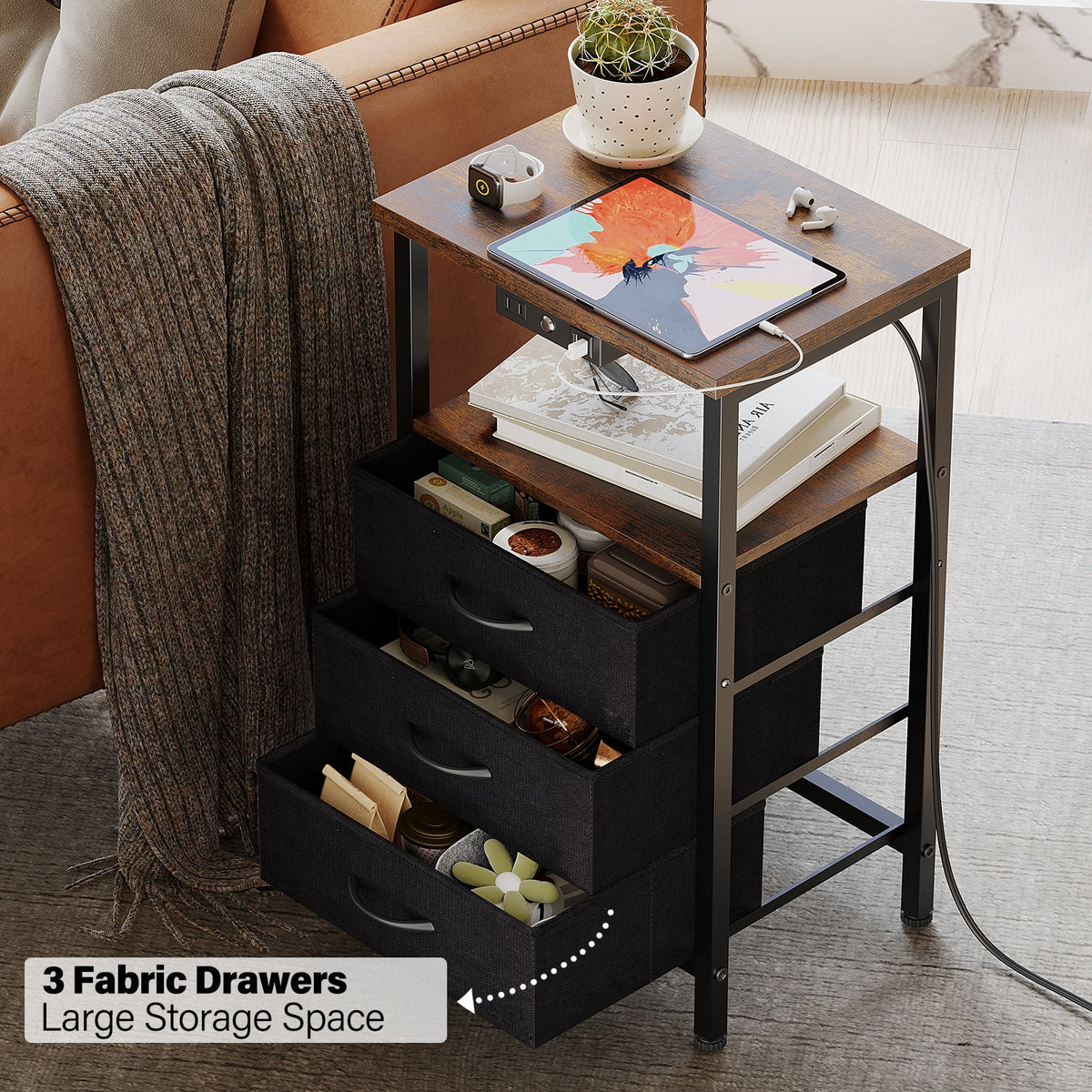 3-Tier Nightstand with Drawers and Charging Station G776