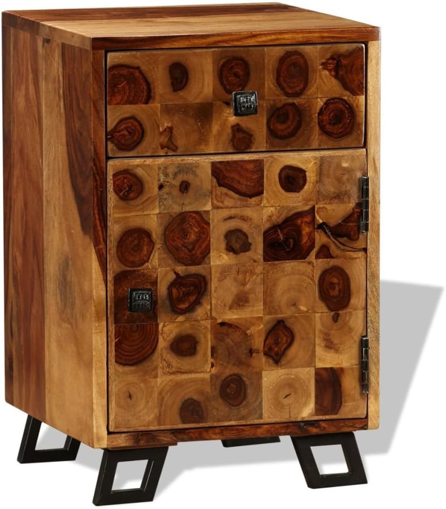 Solid Sheesham Wood Nightstand with Iron Legs and Storage Drawer I842
