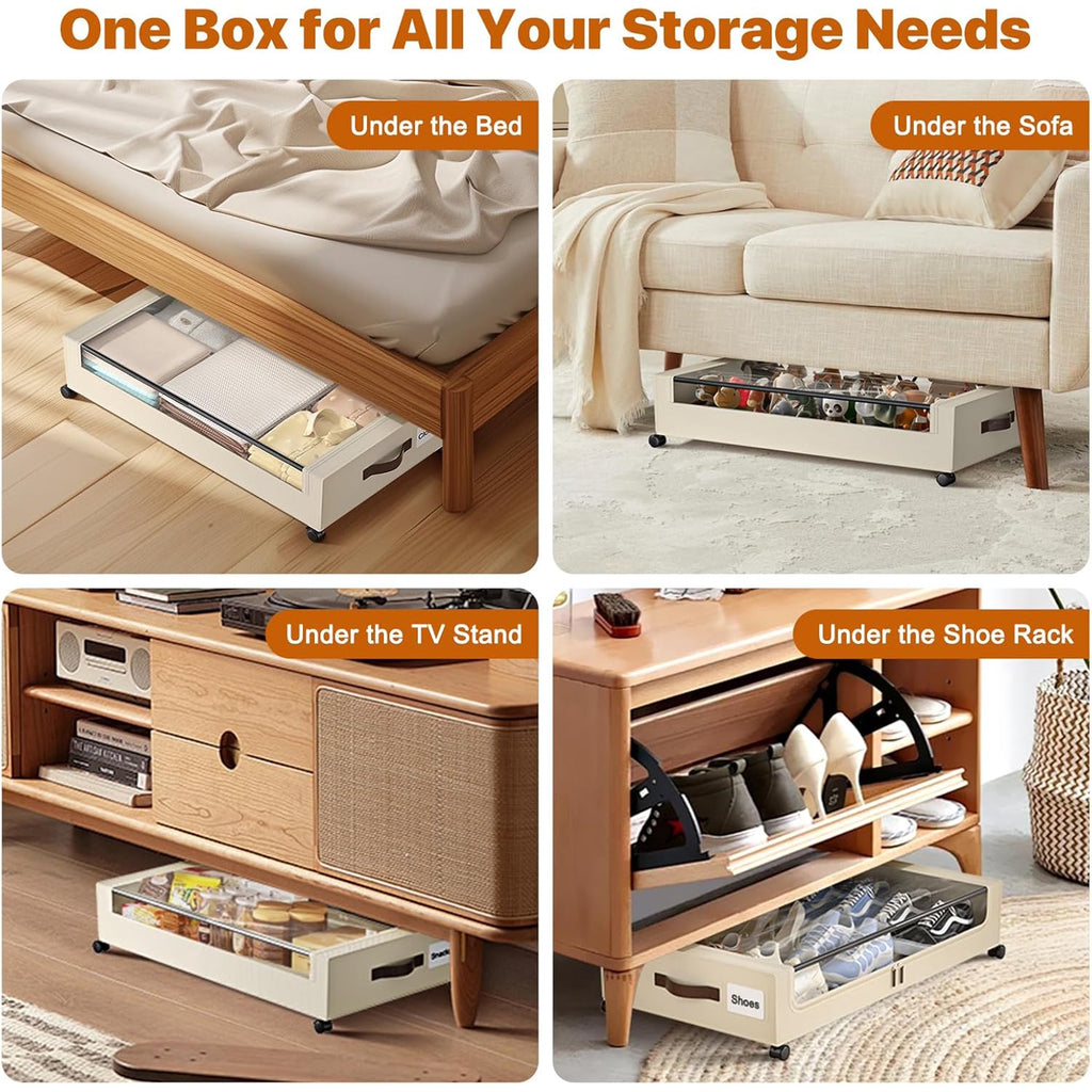 White 4 Pack 60L Under Bed Storage Bins with Wheels and Clear Lids A92319