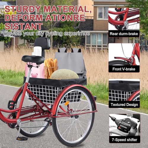 24/26-Inch 3-Wheel Adult Tricycle with 7-Speed Gearing and Basket J684