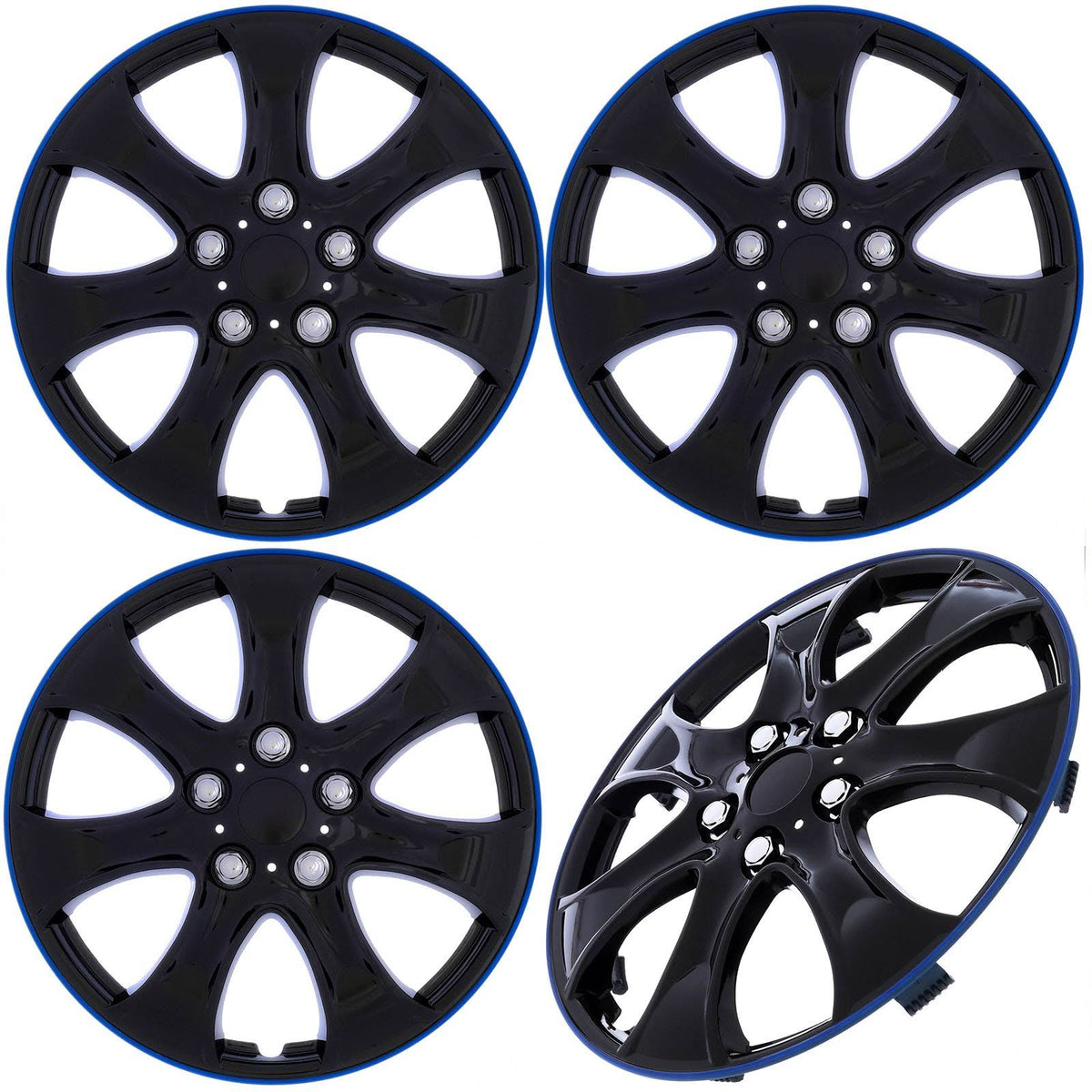 Universal 15" Shiny Black Blue Trim Wheel Covers Set of 4 S43752