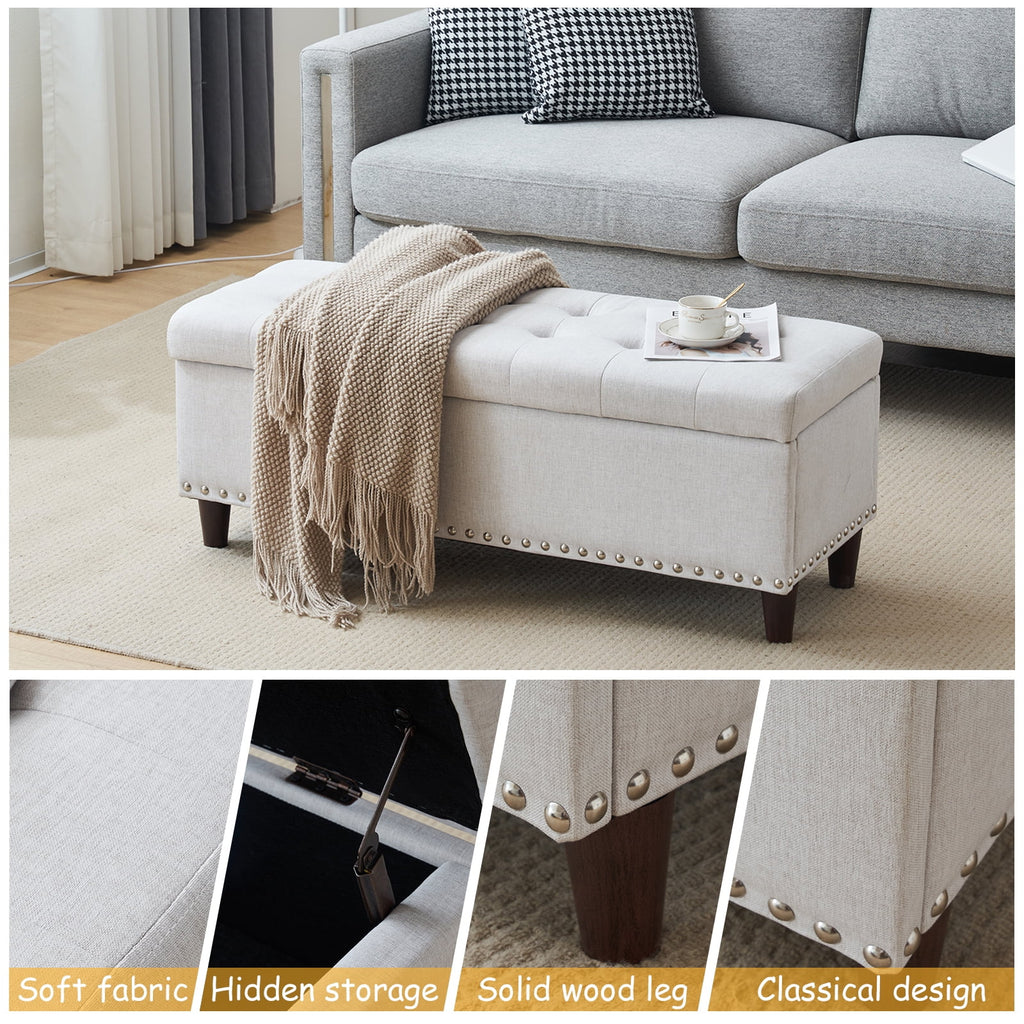 Off-White Linen Upholstered Storage Bench D628252