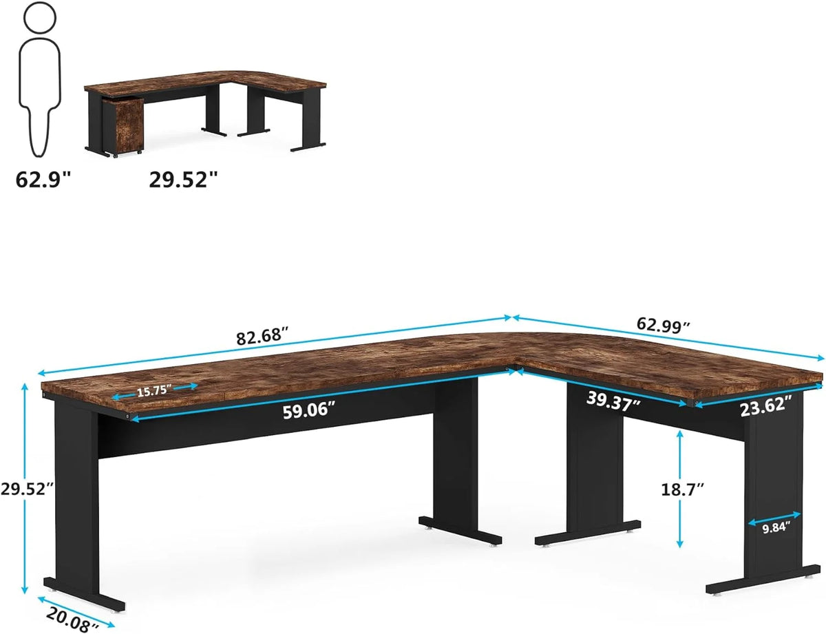 83" L-Shaped Executive Desk with 3-Drawer File Cabinet P5448
