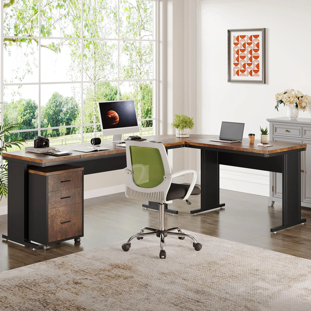 83" L-Shaped Executive Desk with 3-Drawer File Cabinet P5448