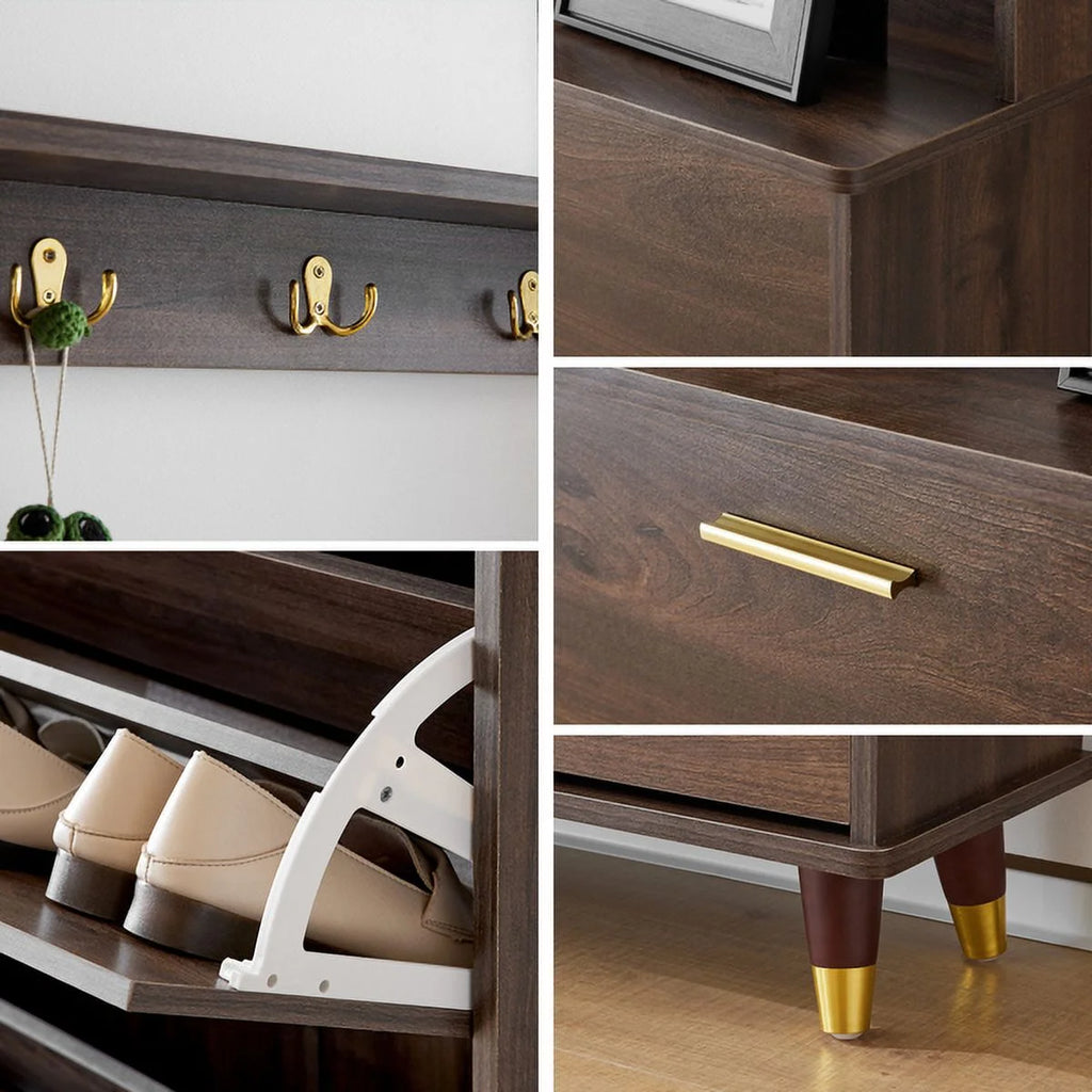 Brown Hall Tree with 12 Hooks & 3 Shoe Cabinets Y435805