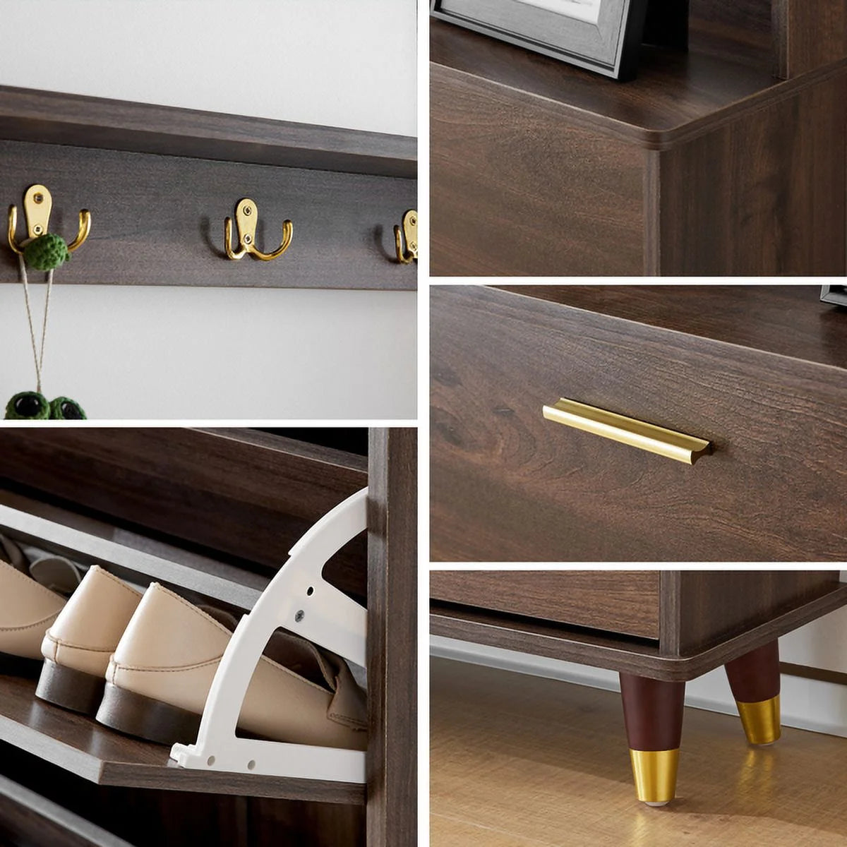 Brown Hall Tree with 12 Hooks & 3 Shoe Cabinets Y435805