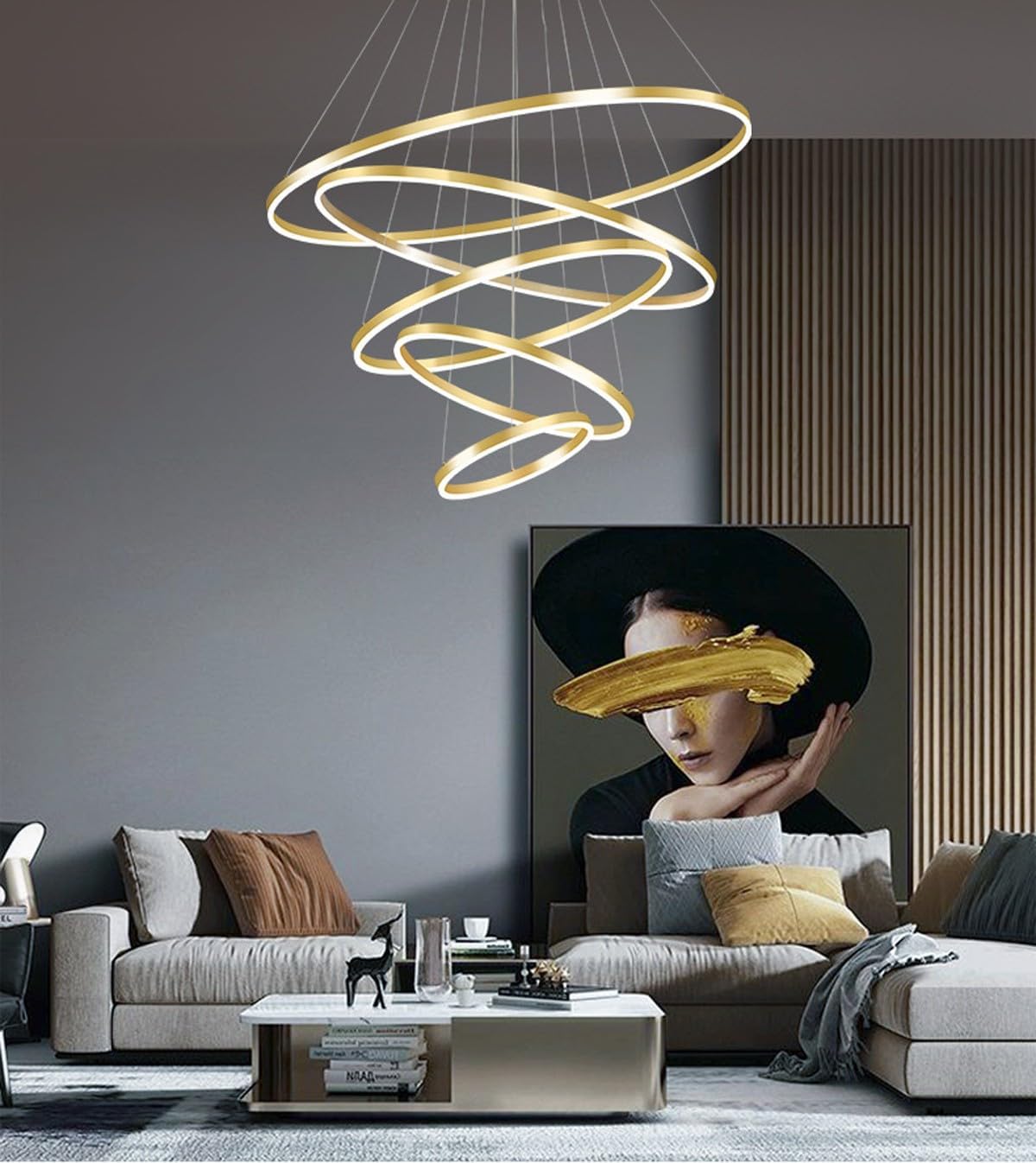6 Rings Gold LED Chandelier with Remote Control Q655935