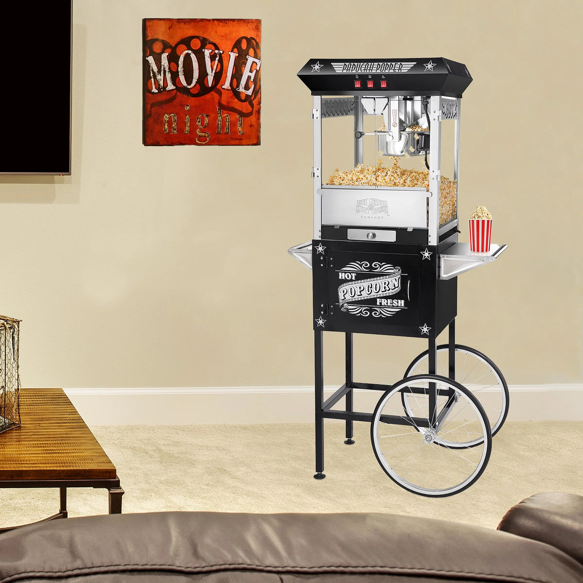 Black Antique Style 8oz Popcorn Popper Machine with Cart P2175