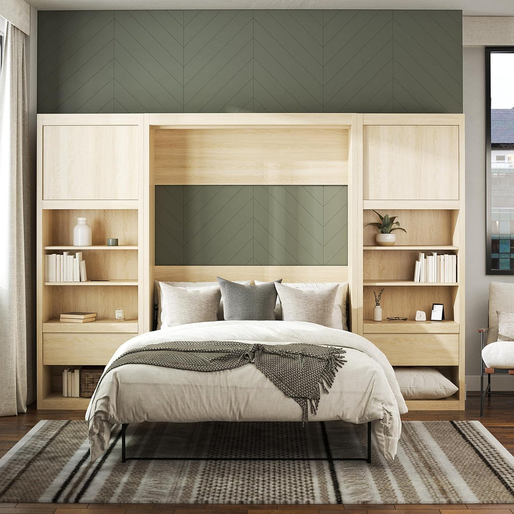 Full Size Murphy Wall Bed with Storage in Light Oak Q109