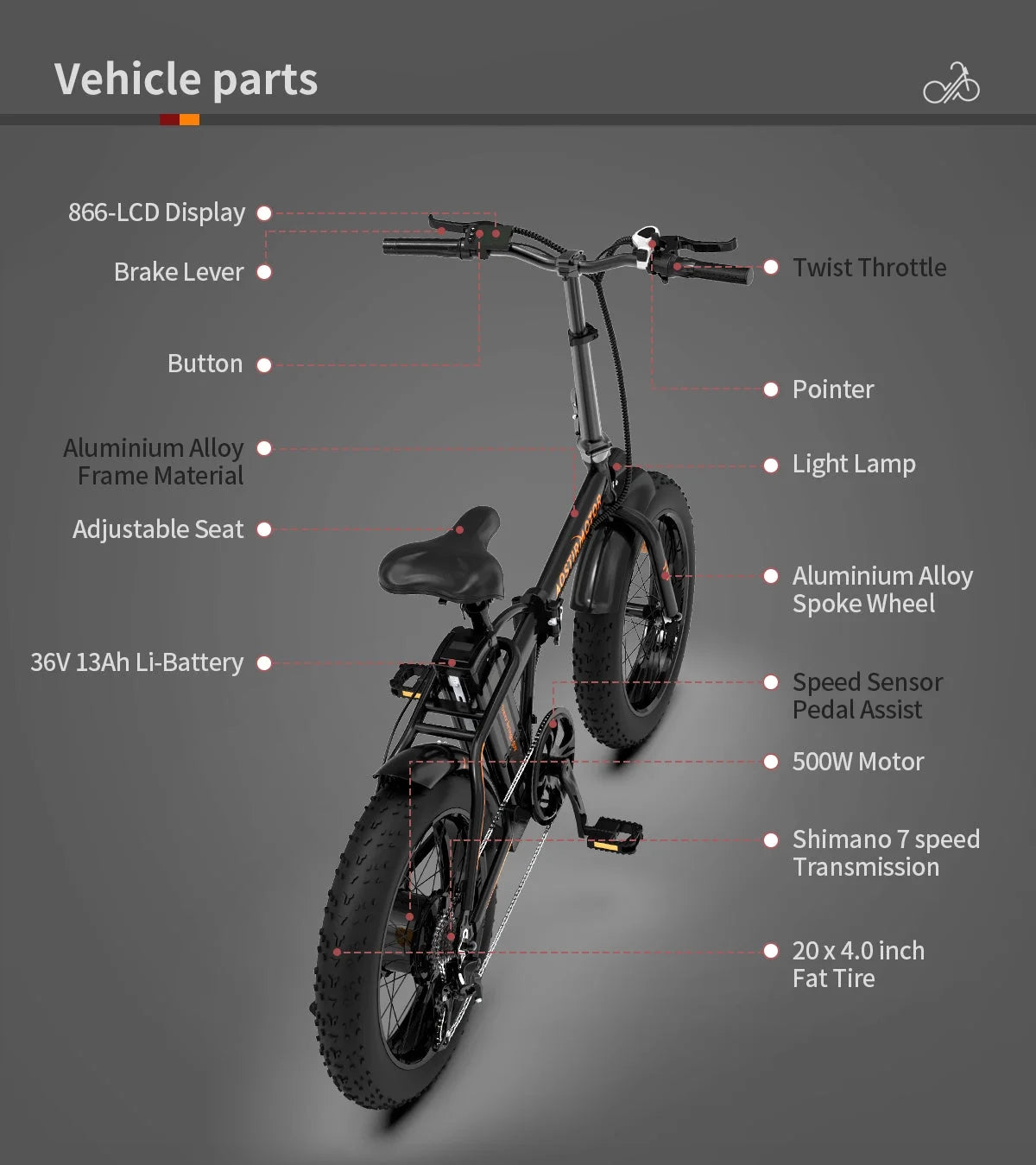 Folding Electric Bike 500W Motor 20" Fat Tire 36V/13Ah Li-Battery Z1771
