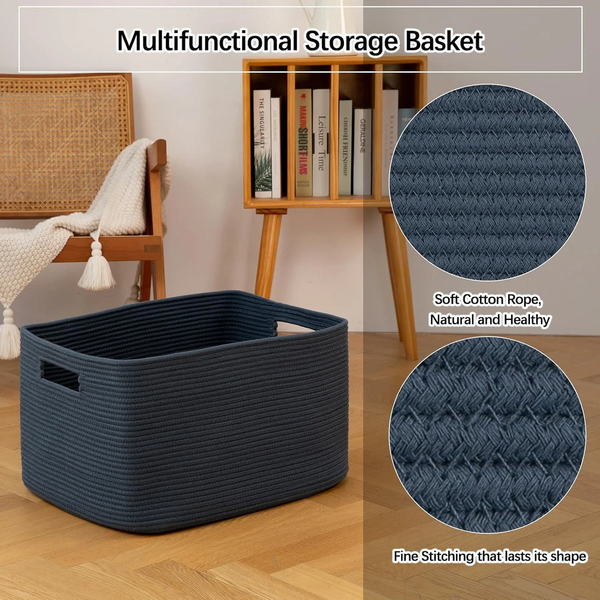 75L Large Woven Cotton Rope Blanket Storage Basket with Handle N80399