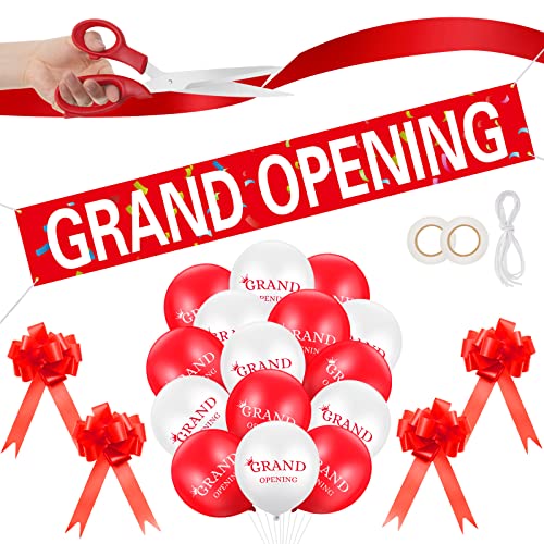 Red Grand Opening Ribbon Cutting Ceremony Kit with 10'' Scissors 40 Pcs Balloons Satin Ribbon Bows Y258