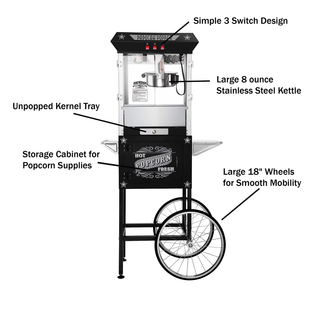 Black Antique Style 8oz Popcorn Popper Machine with Cart P2175